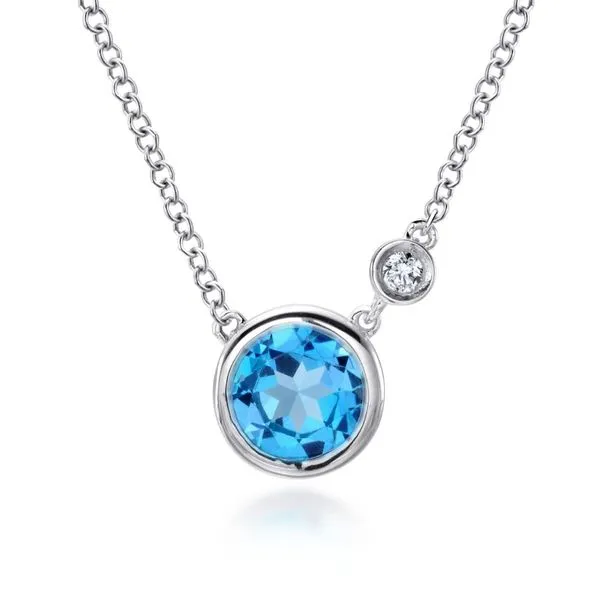 925 Sterling Silver Round Bezel Set Swiss Blue Topaz and Mined Diamond Necklace The Ring Austin Round Rock, TX