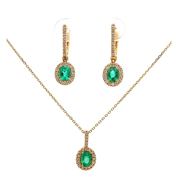 14K YG Natural Emerald With Mined Diamond Halo Necklace and Earring Set The Ring Austin Round Rock, TX