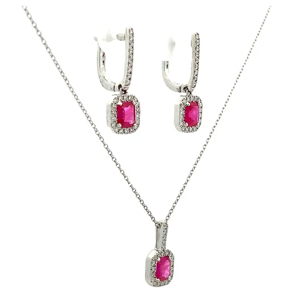 14K WG Natural Ruby Set with Mined Diamond Halo Necklace and Earring Set Image 2 The Ring Austin Round Rock, TX