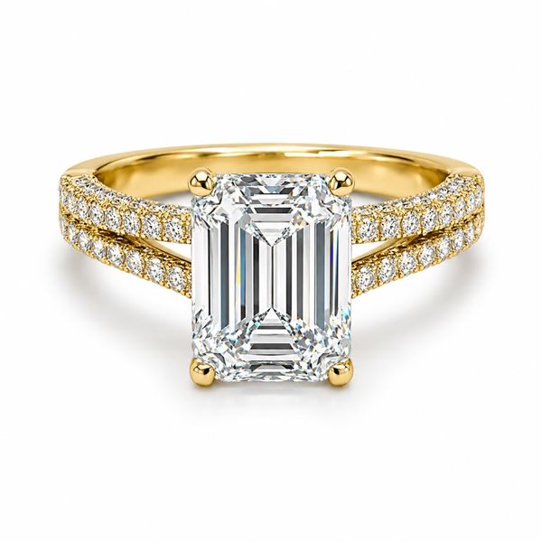 4 3/4 Carat Emerald Lab Grown Diamond Engagement Ring in 14K Yellow Gold with a Split Shank Pave Style Setting