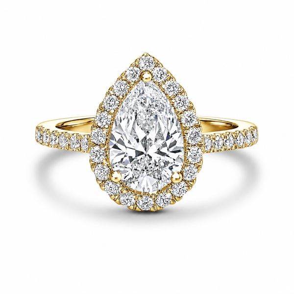 2 Carat Pear Lab Grown Diamond Engagement Ring in 14K Yellow Gold with a Halo Style Setting