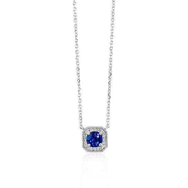 10K White Gold Halo Necklace with a Round Sapphire and Round Diamonds The Source Fine Jewelers Greece, NY