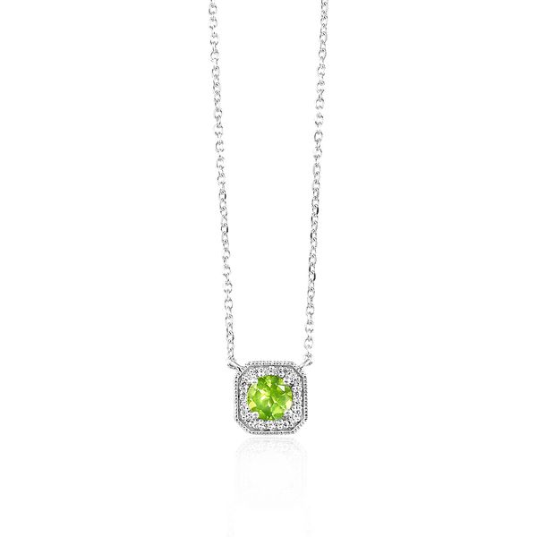 10K White Gold Halo Necklace with a Round Peridot and Round Diamonds The Source Fine Jewelers Greece, NY