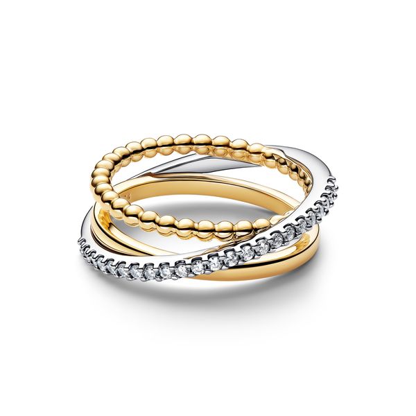 Pandora 14 Karat Yellow Gold Plated & Sterling Silver Crossover Beads & Pave Triple Band Ring Image 2 The Source Fine Jewelers Greece, NY