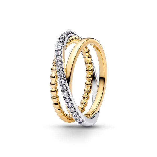 Pandora 14 Karat Yellow Gold Plated & Sterling Silver Crossover Beads & Pave Triple Band Ring The Source Fine Jewelers Greece, NY