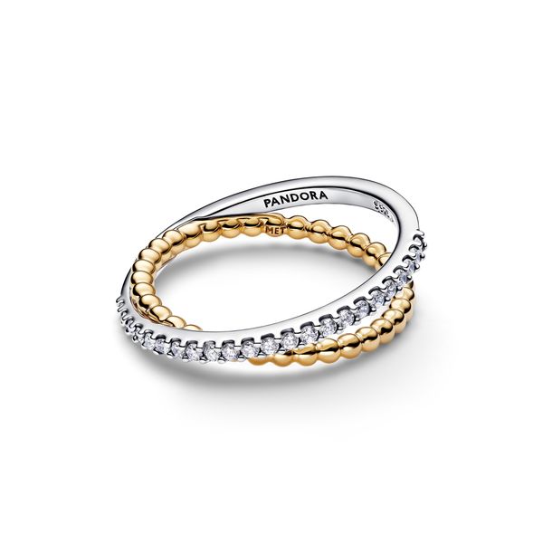 Pandora 14 Karat Yellow Gold Plated and Sterling Silver Crossover Beads & Pave Double Band Image 2 The Source Fine Jewelers Greece, NY