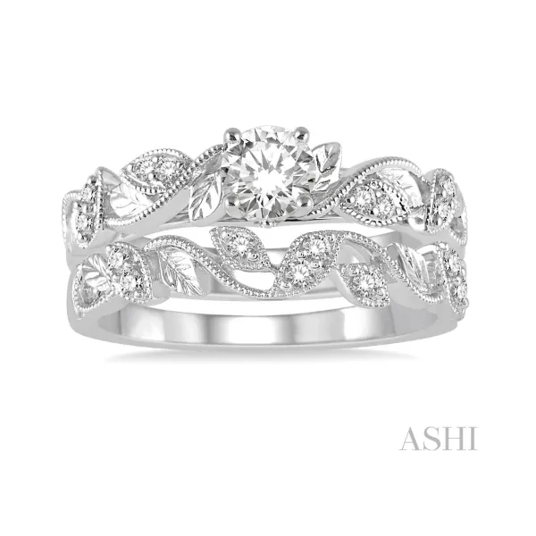 14K White Gold Diamond Leaf Motif Engagement Ring and Wedding Band Tipton's Fine Jewelry Lawton, OK