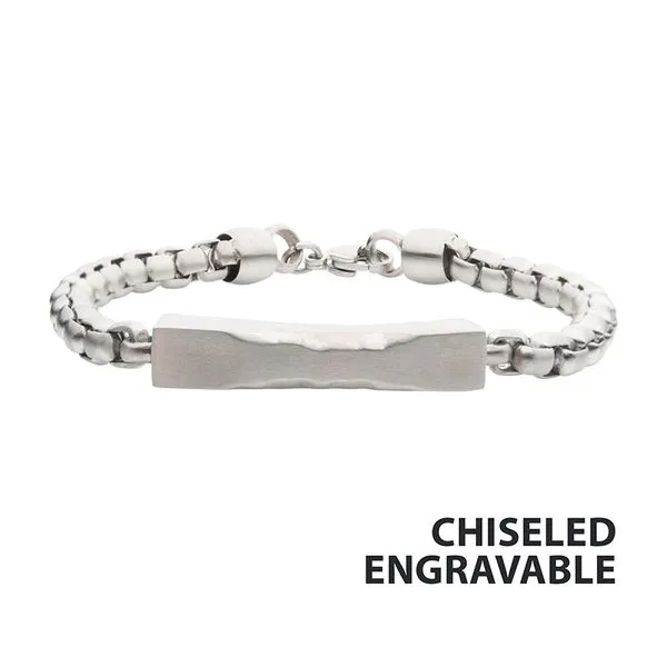Matte Stainless Steel Chiseled Engravable Drop with Bold Box Chain Bracelet Tipton's Fine Jewelry Lawton, OK