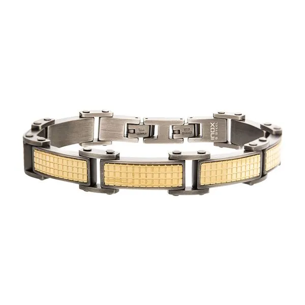 Gun Metal IP with 18Kt Gold IP Grid Inlay Link Bracelet Tipton's Fine Jewelry Lawton, OK