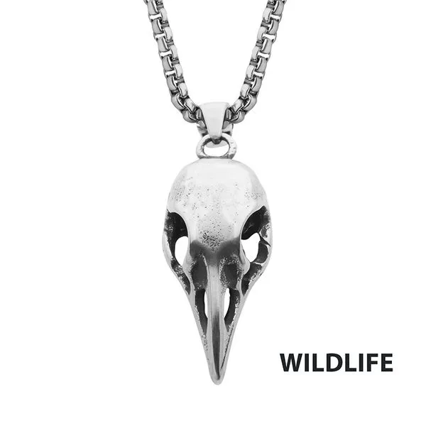 Distressed Matte Stainless Steel Crow Skull Pendant with Chain Tipton's Fine Jewelry Lawton, OK