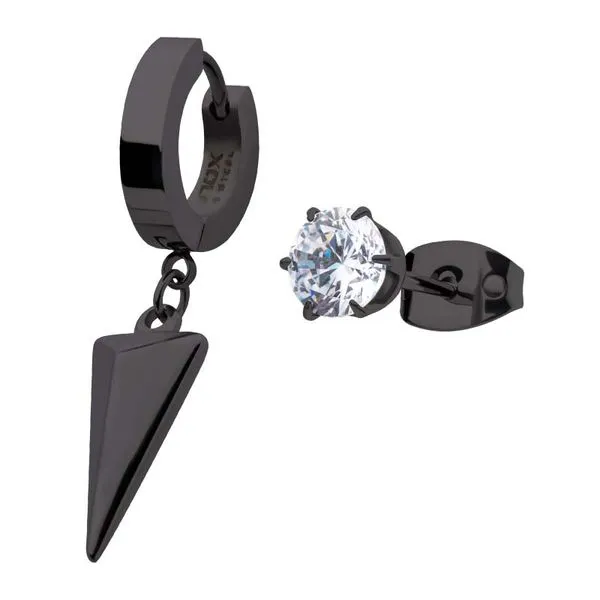 Black IP Dangling Spike Huggie and Prong Set CZ Stud Mismatched Earrings Tipton's Fine Jewelry Lawton, OK
