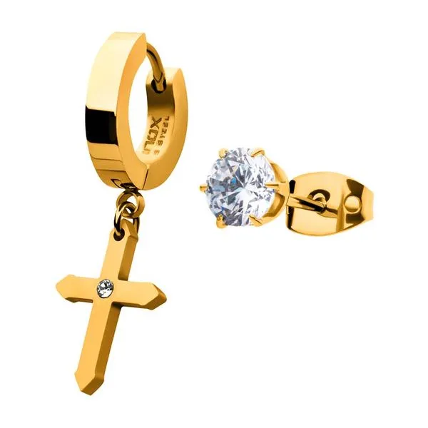 Gold IP Dangling Cross with CZ Huggie and Prong Set CZ Stud Mismatched Earrings Tipton's Fine Jewelry Lawton, OK