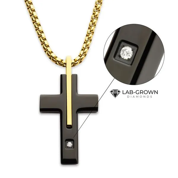 18Kt Gold IP and Black IP Stainless Steel Solitaire Accented Clear Lab-Grown Diamond Cross Pendant Tipton's Fine Jewelry Lawton, OK
