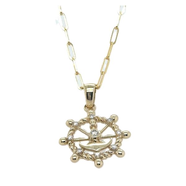 14K Yellow Gold Diamond Ships Wheel and Anchor Pendant Tom Cook