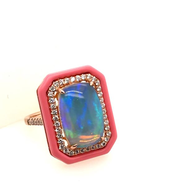 14 Karat Rose Gold Opal and Diamond Cushion Shape Ring Tom Cook Jeweler, Inc. Daytona Beach, FL