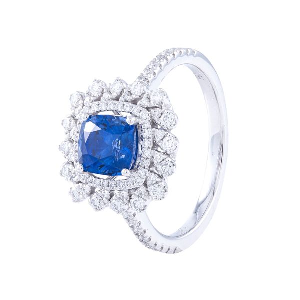 18 Karat White Gold Sapphire and Diamond Halo Fashion Ring Tom Cook Jeweler, Inc. Daytona Beach, FL