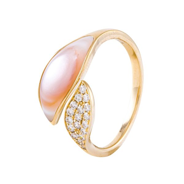 14 Karat Yellow Gold Pink Mother of Pearl and Diamond By-Pass Ring Tom Cook Jeweler, Inc. Daytona Beach, FL