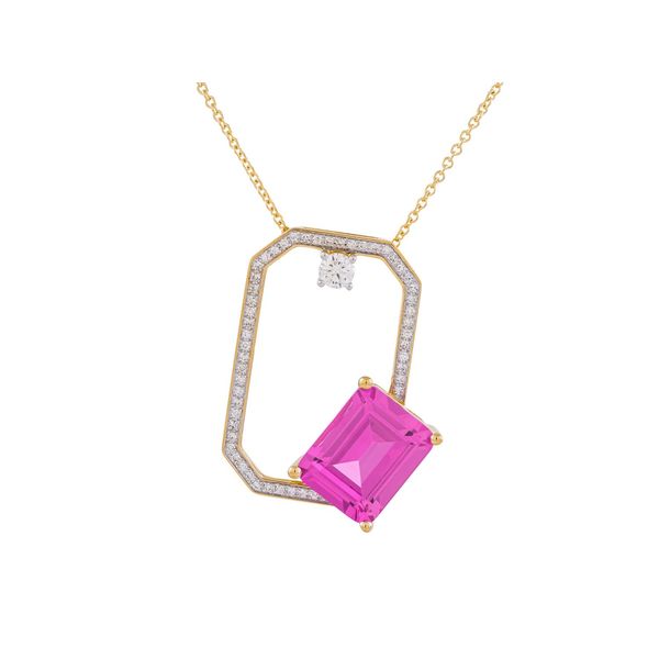 14K Yellow Emerald Cut Pink Tourmaline and Diamond Pendant Tom Cook Jeweler, Inc. Daytona Beach, FL