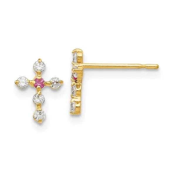 14K Yellow White & Pink CZ Cross Post Earrings Tom Cook Jeweler, Inc. Daytona Beach, FL
