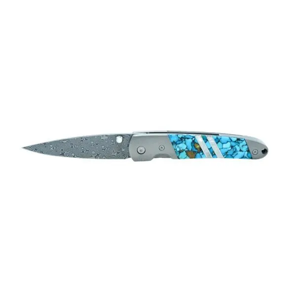 Damascus Turquoise Liner Lock Knife Tom Cook Jeweler, Inc. Daytona Beach, FL