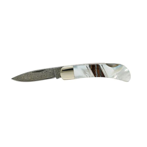 Damascus Steel Peruvian Opal and Mother of Pearl Pocket Knife Tom Cook Jeweler, Inc. Daytona Beach, FL