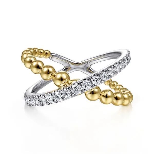 Gabriel & Co. 14K White and Yellow Gold Bujukan Diamond Criss Cross Ring Toner Jewelers Overland Park, KS