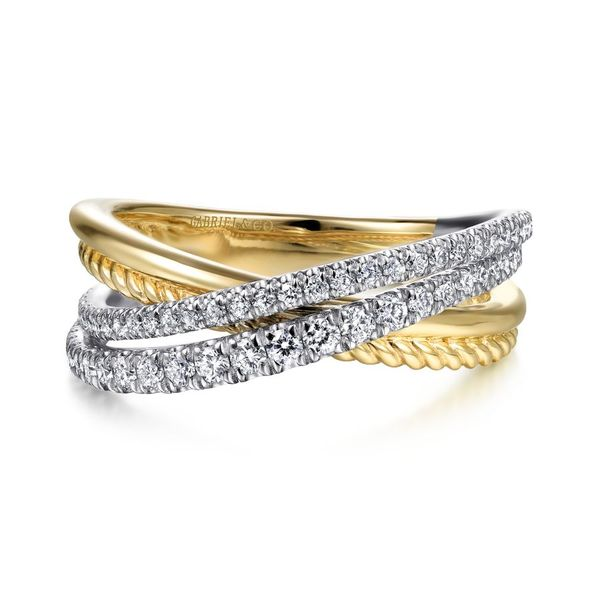 Gabriel & Co 14K White and Yellow Gold Twisted Rope and Diamond Criss Cross Ring Toner Jewelers Overland Park, KS