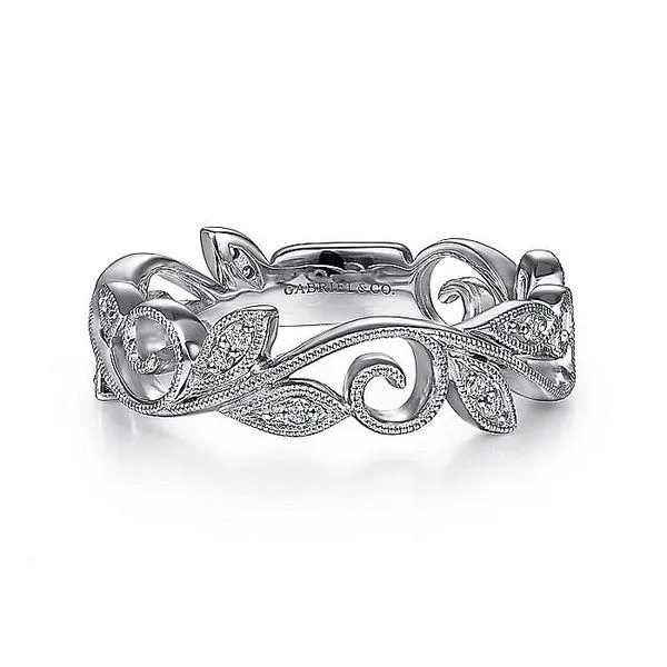 Gabriel & Co. 14K White Gold Scrolling Floral Diamond Stackable Ring Toner Jewelers Overland Park, KS