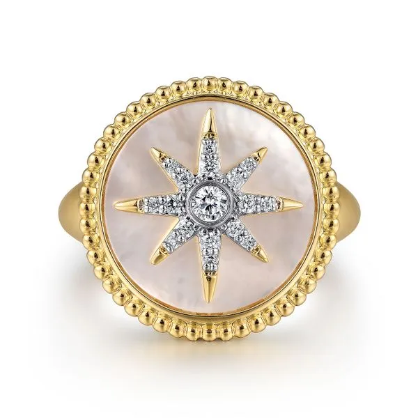 Gabriel & Co. 14K Yellow Gold Starburst Signet Ring Toner Jewelers Overland Park, KS