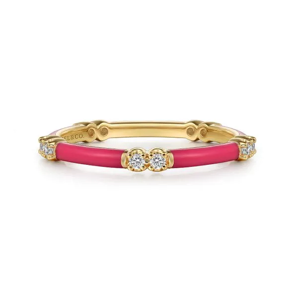 Gabriel & Co. 14K Yellow Gold Pink Enamel & Diamond Ring Toner Jewelers Overland Park, KS
