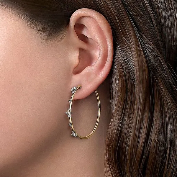 14K Yellow Gold Round Diamond Station Hoop Earrings Image 2 Toner Jewelers Overland Park, KS