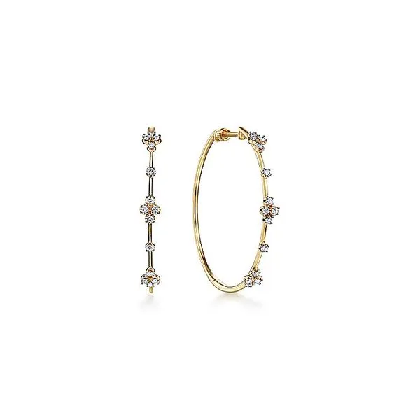 14K Yellow Gold Round Diamond Station Hoop Earrings Toner Jewelers Overland Park, KS