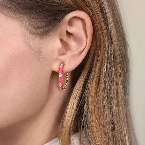 Gabriel & Co.14K Yellow Gold Bujukan Pink Enamel Hoop Earrings Image 2 Toner Jewelers Overland Park, KS