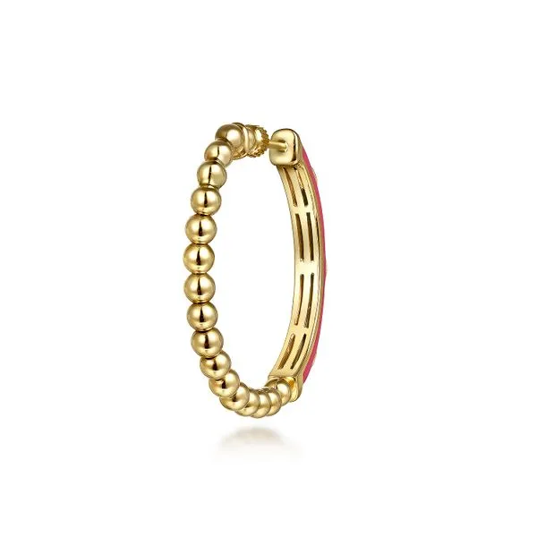 Gabriel & Co.14K Yellow Gold Bujukan Pink Enamel Hoop Earrings Image 3 Toner Jewelers Overland Park, KS