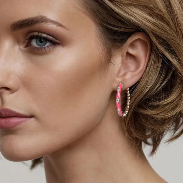 Gabriel & Co.14K Yellow Gold Bujukan Pink Enamel Hoop Earrings Image 4 Toner Jewelers Overland Park, KS