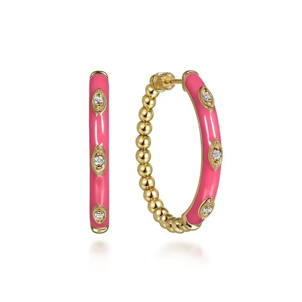 Gabriel & Co.14K Yellow Gold Bujukan Pink Enamel Hoop Earrings Toner Jewelers Overland Park, KS