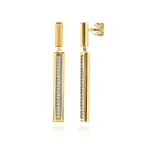 Gabriel & Co. 14 Karat Yellow Gold Drop Diamond Earrings Toner Jewelers Overland Park, KS
