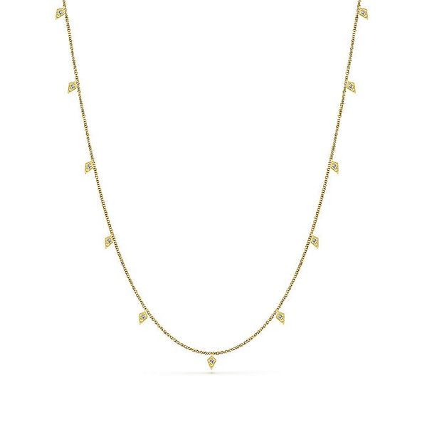 Gabriel & Co. 14K Yellow Gold Kite Drop Diamond Station Necklace Toner Jewelers Overland Park, KS