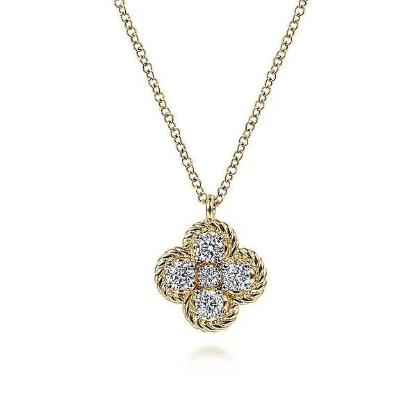 Gabriel & Co. 14K Yellow Gold Rope Diamond Quatrefoil Pendant Necklace Toner Jewelers Overland Park, KS