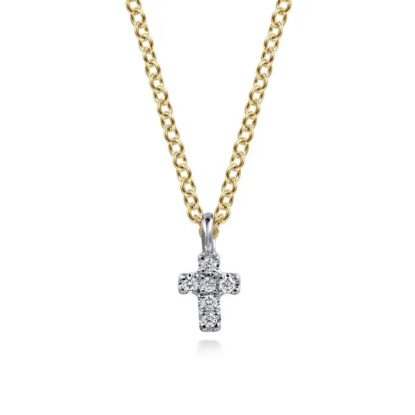 Gabriel & Co. 14k Yellow and White Gold Cross Diamond Necklace Toner Jewelers Overland Park, KS