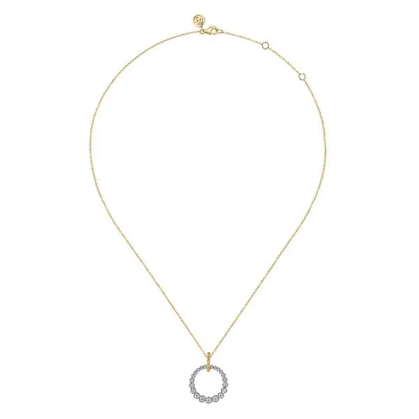 Gabriel & Co. 14 Karat White and Yellow Gold Circle Diamond Necklace Image 2 Toner Jewelers Overland Park, KS