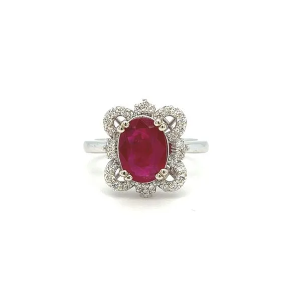 14 Karat White Gold Fancy Halo Ruby & Diamond Ring Toner Jewelers Overland Park, KS
