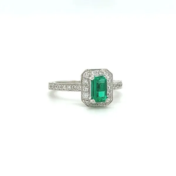 14 Karat White Gold Vintage Style Emerald & Diamond Ring Image 2 Toner Jewelers Overland Park, KS