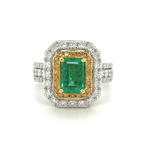 18 Karat White and Yellow Gold Emerald and Diamond Double Halo Ring Toner Jewelers Overland Park, KS