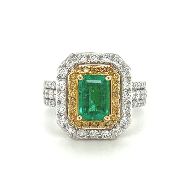 18 Karat White and Yellow Gold Emerald and Diamond Double Halo Ring Toner Jewelers Overland Park, KS