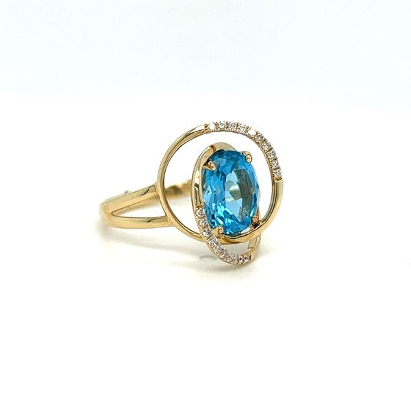 14 Karat Yellow Gold Blue Topaz and Fancy Diamond Halo Ring Image 2 Toner Jewelers Overland Park, KS