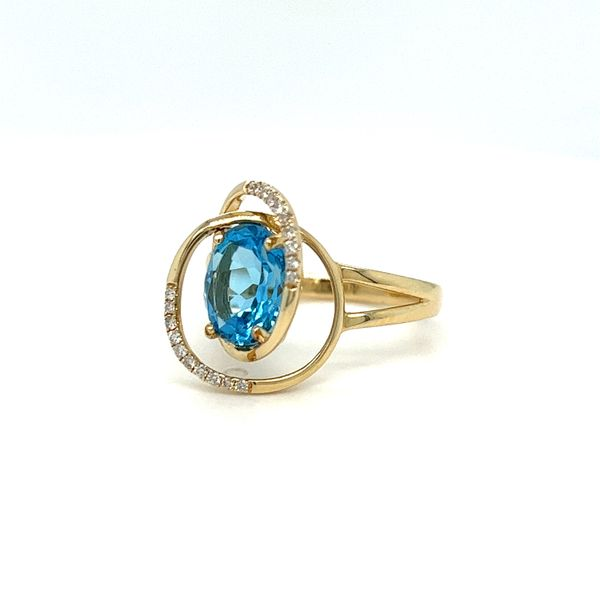 14 Karat Yellow Gold Blue Topaz and Fancy Diamond Halo Ring Image 3 Toner Jewelers Overland Park, KS