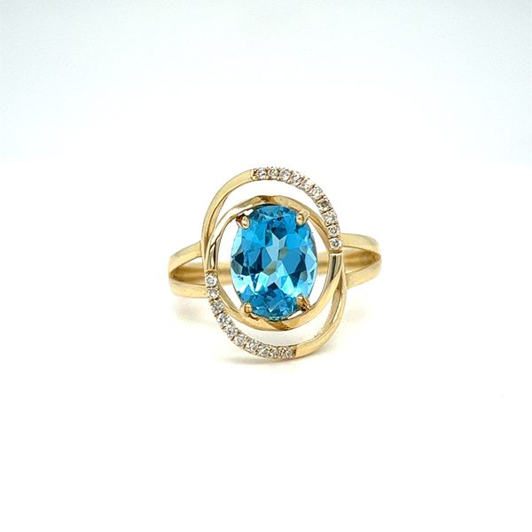 14 Karat Yellow Gold Blue Topaz and Fancy Diamond Halo Ring Toner Jewelers Overland Park, KS