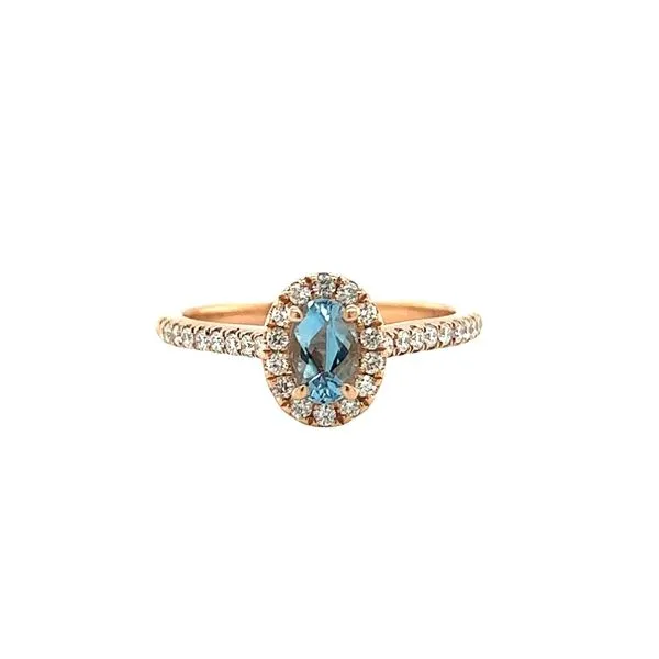 14 Karat Rose Gold Halo Aquamarine and Diamond Halo Ring Toner Jewelers Overland Park, KS