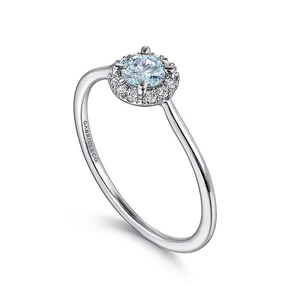 Gabriel & Co. 14K White Gold Aquamarine and Diamond Halo Birthstone Ring Image 3 Toner Jewelers Overland Park, KS